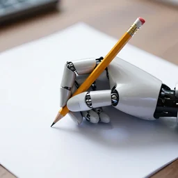 a robot hand holding a pencil over a piece of paper