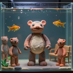 plasticine model of [ [ [ [ newt ] ] ] ] figures clay. tilt shift. bubbles. weird. surreal. strange fish tank in waiting room. photorealistic.