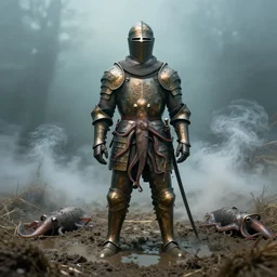 a film still of a medieval warrior with bronze armor that has carvings of squids and cuttlefish, they’re standing in mud with puddles, surrounded by dry ice, smoke, highly detailed, wide shot, full body, underwater