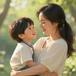 illustration beautiful cinematic hyperrealism style where a mother appears with her happy son