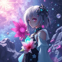 card captor sakura, rei ayanami, broken android kannon mindar, deep space, seascape, cosmos, psychedelic flowers, black opal, rainbow aura quartz, organic, oni compound artwork, of character, render, artstation, portrait, wizard, beeple, art, fantasy, epcot, psychedelic glitchcore