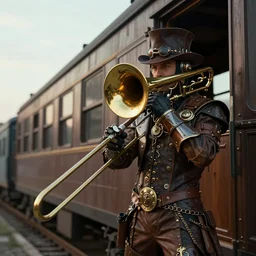 steampunk trombone-train waits for no-one cinematic lighting vray 8k low angle shallow depth of field