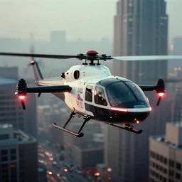 7 0 mm film still from blade runner, closeup of a anti gravity hover drone police car helicopter plane flying through the city, global illumination, volumetric lighting