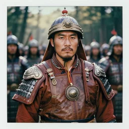 matte close - up portrait of smart and handsome mongol warriors who assemble in the forest backlighting in crowd of battlefield, ethnic costume, leather and metal armored, traditional decoration, elegant, loin cloth, highly detailed, 8 k, cinematic lighting, global illumination, ornate, super detailed, faded color polaroid, a colorized photo, colorized, # film, movie still