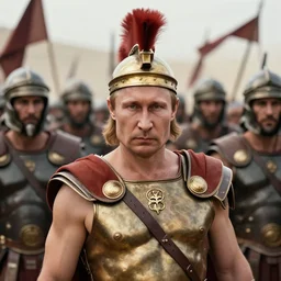 A badass portrait photo of putin as King Leonidas of Sparta and a force of 300 men fight the Persians at Thermopylae in 480 B.C., award winning photography, sigma 85mm Lens F/1.4, blurred background, perfect faces