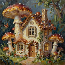 a house made of mushroom, oil painting, intricate, dreamy aesthetic, highly detailed, by alena aenami