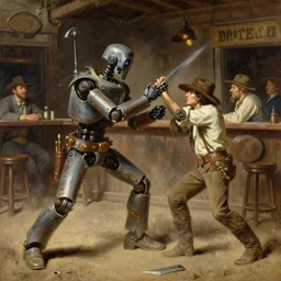 oil painting of old rugged robot bounty hunter in a bar fight in dusty wild west town, art by anders zorn, wonderful masterpiece by greg rutkowski, beautiful cinematic light, american romanticism by greg manchess, jessica rossier and norman rockwell