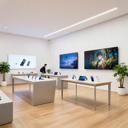 ( ( ( minimalist neon flagship samsung store, white walls. oak floor. hanging lights. geometric furniture, large digital screens. display tables with phones and tablets, verdant plants ) ) ) concept art, accurate pbr materials, john berkey, beeple, wlop, makoto shinkai, yoji shinkawa, wadim kashin, artstation, 4 k