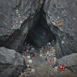 A very highly detailed, realistic oil painting of a cave of dark grey rocks, with lots of colorful gems and crystals scattered on the ground and stuck on the walls, oil painting by Afremov.