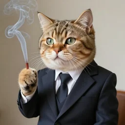 a high quality photo of a cat wearing a suit and smoking, render, ultra realistic, cgsociety