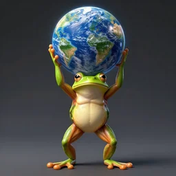 a photo of a frog with muscles standing on two feet and lifting planet earth on its hands