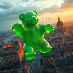 a stunning movie poster panoramic view of budapest, destroyed by a green translucent oversized gummy bear, cinematic shot, by denis villeneuve, ridley scott, highly detailed