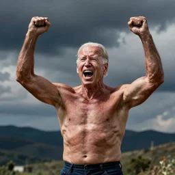 muscled joe biden very athletic bodybuilder hands in the air yelling shouting