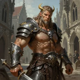 a highly detailed portrait painting of a muscular beautiful goliath in daedric - armor, poising for the camera, on an medieval gothic street, in the style of greg rutkowski and hans zatzka, digital art, sharp focus, highly realistic, octane render