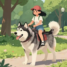 girl riding a giant husky in the park, trending on artstation