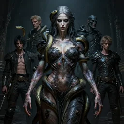 A portrait of a monstrous women with snakes around her body by Greg Rutkowski, Sung Choi, Mitchell Mohrhauser, Maciej Kuciara, Johnson Ting, Maxim Verehin, Peter Konig, Bloodborne, 8k photorealistic, cinematic lighting, HD, high details, dramatic, dark atmosphere, trending on artstation