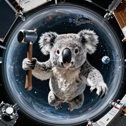 koala bear with a hammer in the international space station, fish - eye, 8 k