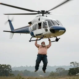 a sill of a helicopter lifting a fat guy. white beard - n 4