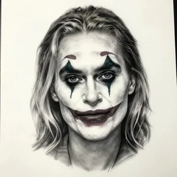 tattoo design sketch of beautiful margot robbie portrait with joker makeup, in the style of den yakovlev, realistic face, black and white, faded outline, realism tattoo, hyper realistic, highly detailed