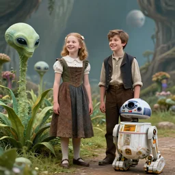 a girl and a boy standing next to some alien plants, looking happy and wearing clothes from 1860, their pet droid is nearby, in a park on a alien planet, ultra realistic facial details, enhanced faces, ultra photorealistic raytracing, 8k