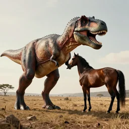 [ [ t rex ] ] and a horse with high heels, movement, [ soft ], black and white, photograph, 1 8 5 0 s