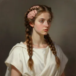 a young latin romanian italian woman with braids that looks like a the wrinkles of a brain, philosophy, white robes, digital art painting, trending on artstation, featured on deviantart