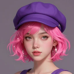 portrait of teenage vanessa morgan with bright pink hair, curly pixie cut hair, wearing a purple breton cap, breton cap, hoop earrings, intricate, elegant, glowing lights, highly detailed, digital painting, artstation, concept art, smooth, sharp focus, illustration, art by wlop, mars ravelo and greg rutkowski