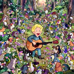a wholesome cottagecore illustration of a happy cartoon Marilyn Manson playing the acoustic guitar to the forest animals, studio Ghibli, Pixar and Disney animation, sharp, Rendered in Redshift and Unreal Engine 5 by Greg Rutkowski, Bloom, dramatic lighting, sunrise