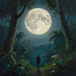 a painting of a full moon over the jungle, small silhouette of a man, beautiful colors, mysterious atmosphere, matte painting, by christophe vacher