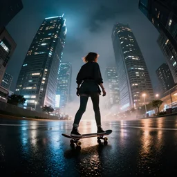 punk girl skateboarding in the city, backlit cyberpunk buildings, wet roads at night reflecting the lights from buildings, dust, fog, cloudy night sky, dslr, 4 k, fisheye