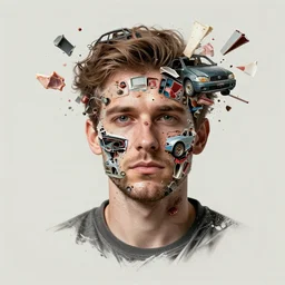 a perfect portrait exploded diagram of a man whose face has been reconstructed from used car parts and butcher offcuts.