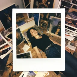 a high quality polaroid photograph of a happy woman lying down on her back. she is surrounded by piles and piles of paintings by greg rutkowski.