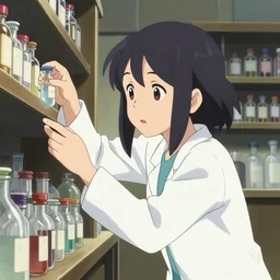 anime film visual illustration a young woman in a lab coat looking at vials inside a apothecary shop, cute face by ilya kuvshinov, makoto shinkai, kyoani, masakazu katsura, dynamic pose, crisp and sharp, yoshinari yoh, rounded eyes, anime poster, ambient light, focused, flat, cel shaded