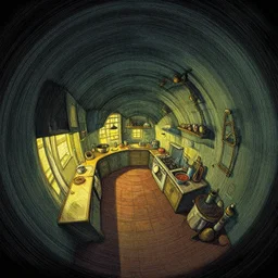 spiral lines, naive nerikomi, weird perspective, extra narrow, detailed illustration of a kitchen dimly lit in a scenic spiral environment by rhads from lorax movie, trending artstation, true color, fisheye