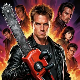 hyper realistic portrait of bruce campbell as ash williams with chainsaw hand, highly detailed concept art, josan gonzalez, greg rutkowski, toshihiro egawa, doom slayer, evil dead movie, majestic masterpiece, vibrant backlit, movie poster character, intricate, hyper detailed, smooth, trending on pixiv