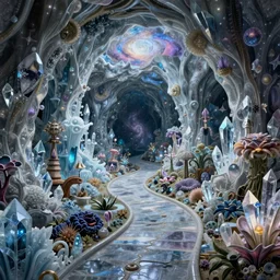an epic elite masterpiece mysterious sci - fi matte painting of a winding path through crystal cave dream worlds with surreal crystal structures inspired by heironymous bosch's garden of earthly delights, surreal ice landscapes by asher durand and cyril rolando and natalie shau and thomas kinkade, insanely detailed and intricate, elegant, subterranean galaxy