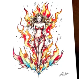 tattoo sketch of a woman walking through flames, abstract, vibrant, color, amazing detail, in the style of john boy tattoo, award winning, trending on pinterest