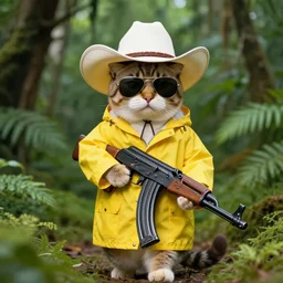 a cat wearing a cowboy hat and yellow raincoat and aviator sunglasses, carrying an ak through the jungle