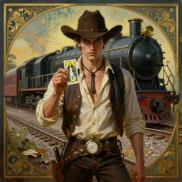 a dramatic ethereal epic symmetrical painting of a !handsome! villainous cowboy standing in front of railroad tracks with a train locomotive | his shirt is unbuttoned and he has a pocketwatch | tarot card, art deco, art nouveau, (steampunk), homoerotic, realistic | by Mark Maggiori and ((((Alphonse Mucha))) | trending on artstation