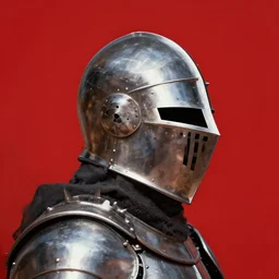 side - view portrait of a knight, kaldor helmet, some spikes on top, cranium face, red background, very masterful
