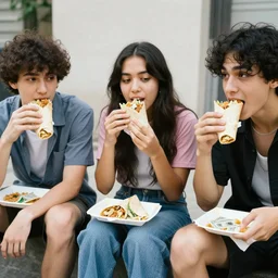 three friends sitting outside eating a burrito in the style of money
