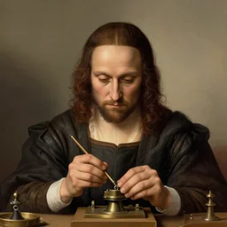 portrait of a man building a machine, by ( leonardo da vinci ), sharp focus, intense emotion, illustration, centered, intricate, artstation, detailed facial expression, elegant, highly detailed, digital painting, concept art, wlop, smooth, detailed surroundings