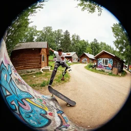 a beautiful matte painting of a skateboarder gliding past graffiti, kick flip, village setting, log homes, dirt road, trees, fisheye lens, by Mikko Lagerstedt and Paul Lehr