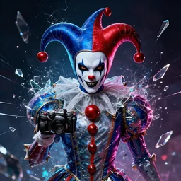 impressive ominous cinematic fine portrait photo of a court jester rigid shattered crystal shard glitch volumetric dynamic fluid simulation lighting impressive masterpiece hyper ultra detailed intricate sharp focus 8 k realistic illustration canon eos r 3 fujifilm x - t 3 0 sony alpha, by james gurney tooth wu artgerm colorful!!!, trending on artstation behance cgsociety
