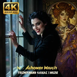 hyperrealistic portrait of a woman as amber heard as a vampire witch in a black coat closing a window with a mysterious grin. by jeremy mann and alphonse mucha, fantasy art, photo realistic, dynamic lighting, artstation, poster, volumetric lighting, very detailed faces, 4 k, award winning