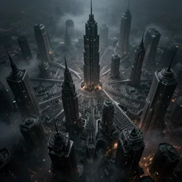 megacity, hive city, futuristic dystopian endless, intricate, complex, labyrinthine, byzantine, tangled, matte painting, smoke, fog, night, gloomy, dark, dramatic, cinematic, volumetric lighting, gods eye view