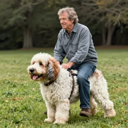 bob ross riding an old english sheep dog