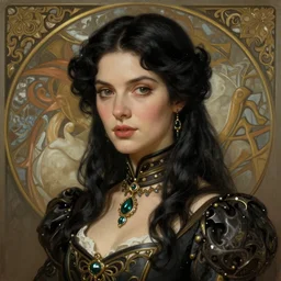 a portrait of a woman with black hair, dressed in 1940's fashion, D&D, fantasy, intricate, elegant, highly detailed, digital painting, artstation, concept art, matte, sharp focus, illustration, art by Artgerm and Greg Rutkowski and Alphonse Mucha