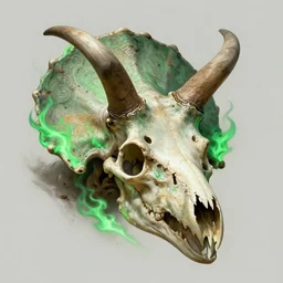 stunning god of triceratops skull portrait, green fire, bones, dirt, fantasy, intricate, elegant, highly detailed, digital painting, artstation, concept art, smooth, sharp focus, illustration, art by afshar petros and krenz cushart and artem demura and tony sandoval