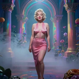 long Shot of psychedelic Marilyn Monroe standing in misty chromatic astral temple  , stylish, lsd, soft,  trending on artstation, cinematic, artwork by WLOP
